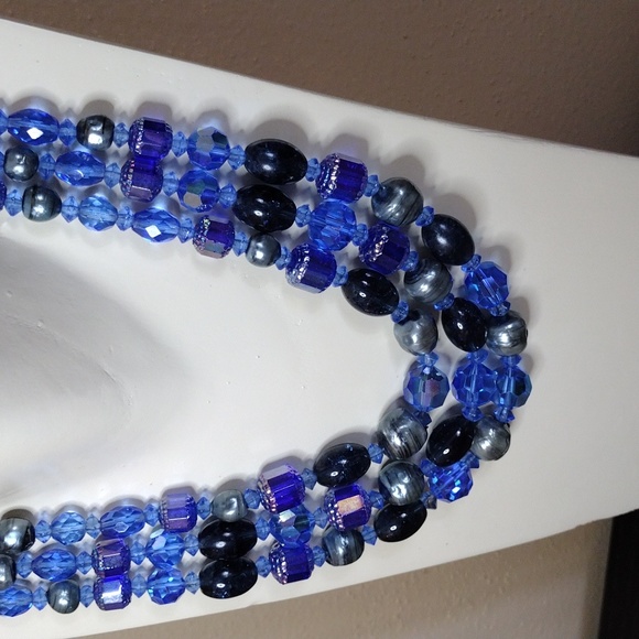 Glass Triple Strand Deep Blue Necklace 12-13" with 3" Extender Hook Clasp - Picture 2 of 7